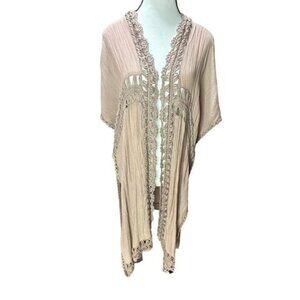 Debut Crochet Open Front Kimono Duster S/M Blush/Tan